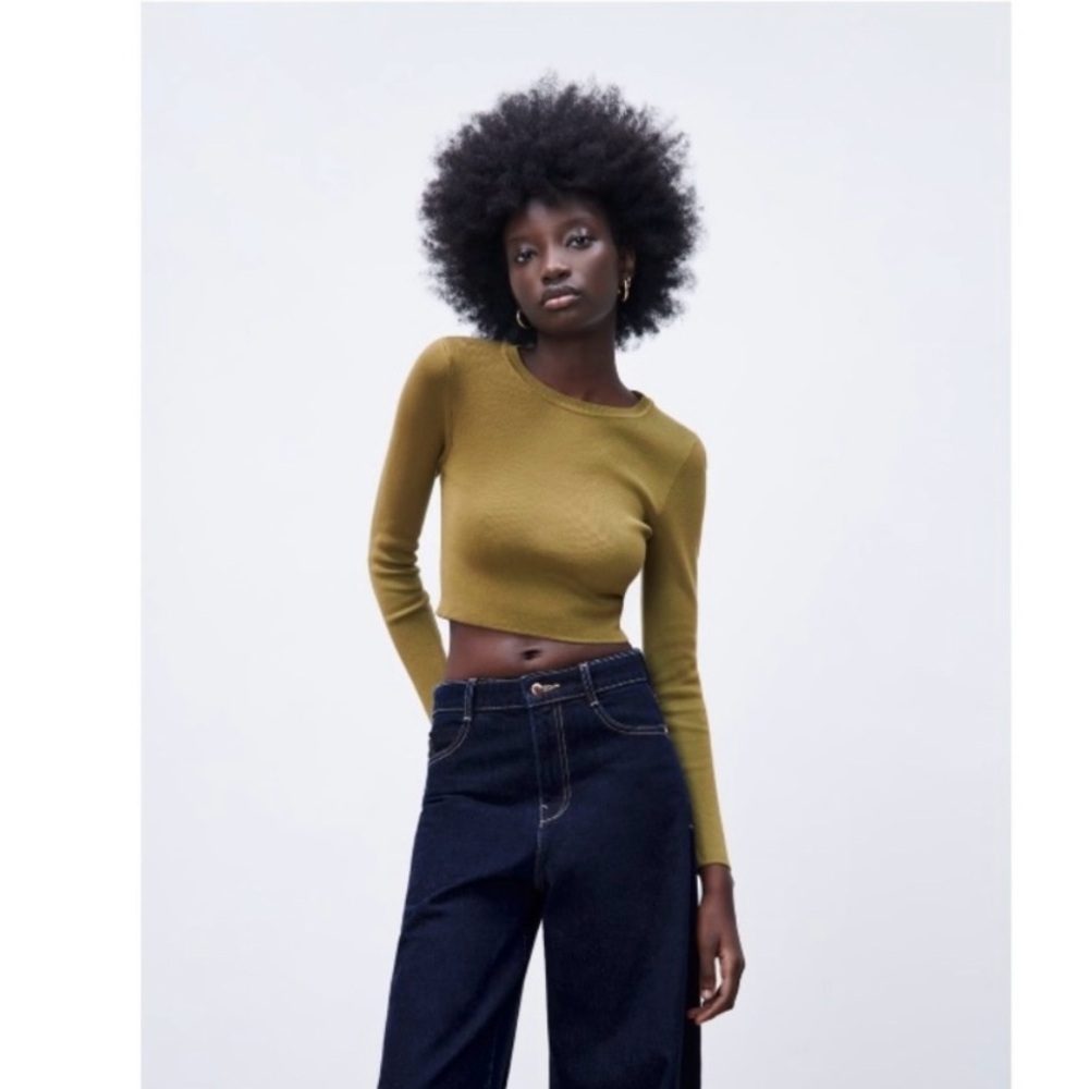 Zara Olive Green / Khaki Ribbed Long Sleeve Crop Top